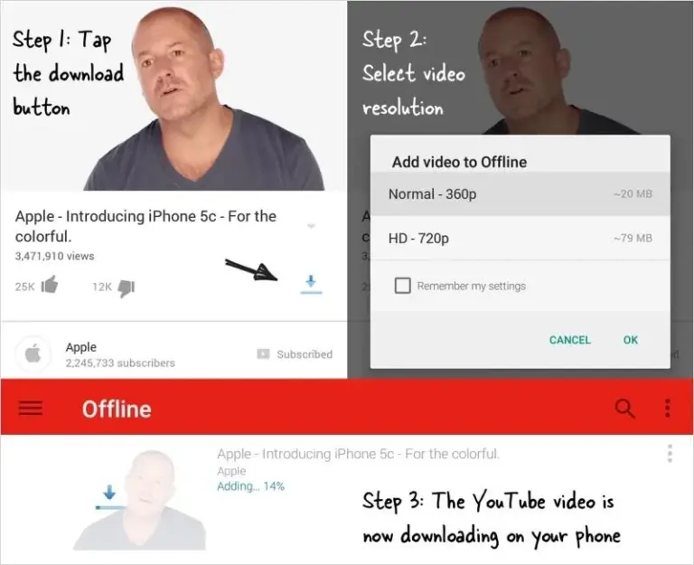 YouTube download screens showing offline viewing options on mobile and desktop.