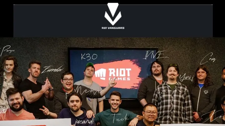Riot Games anti-cheat team posing in front of company logo