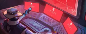 Stylized scene of a futuristic agent catching cheaters on multiple screens