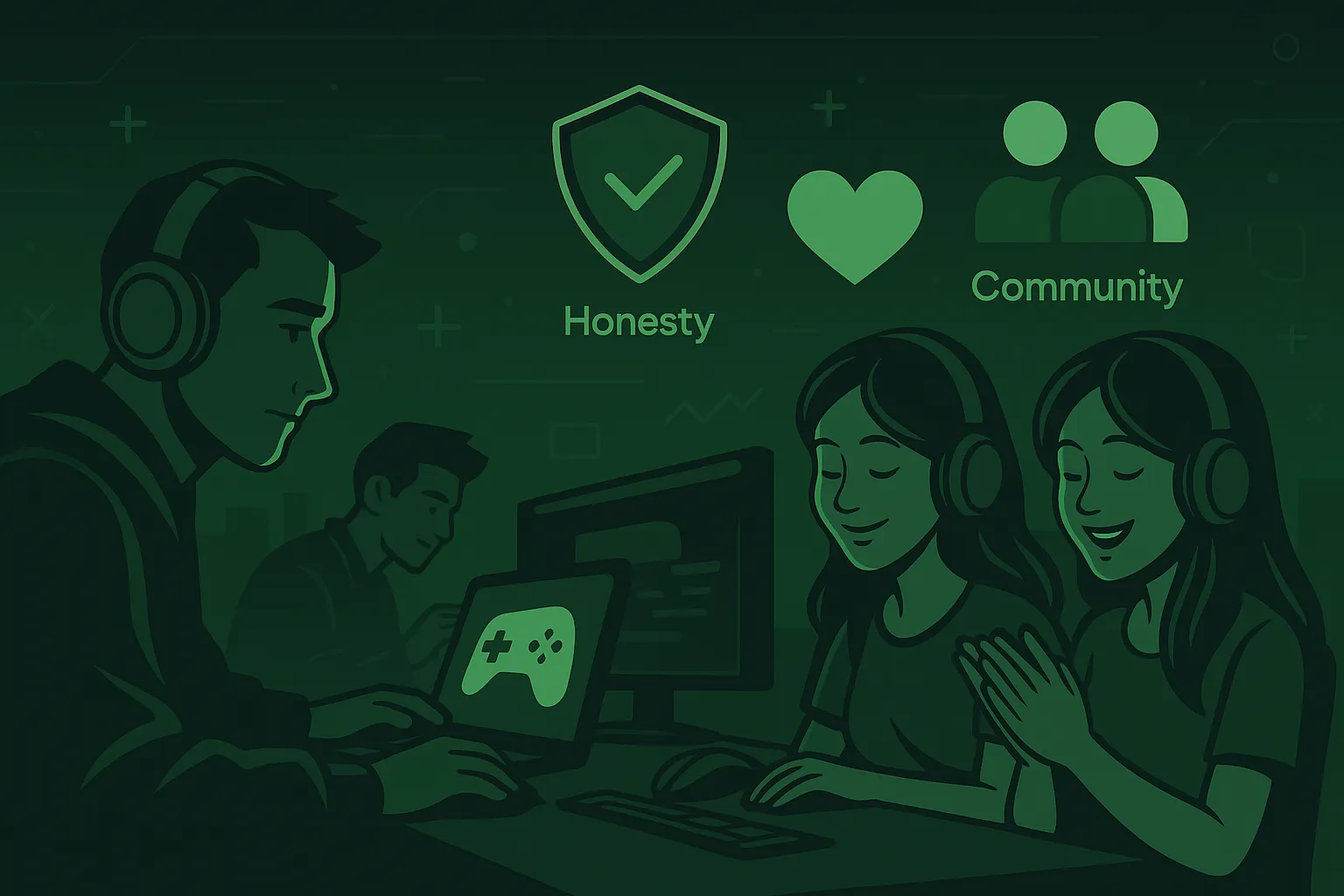 A green-themed illustration showing gamers at their desks, with icons representing honesty, community, and positive values.